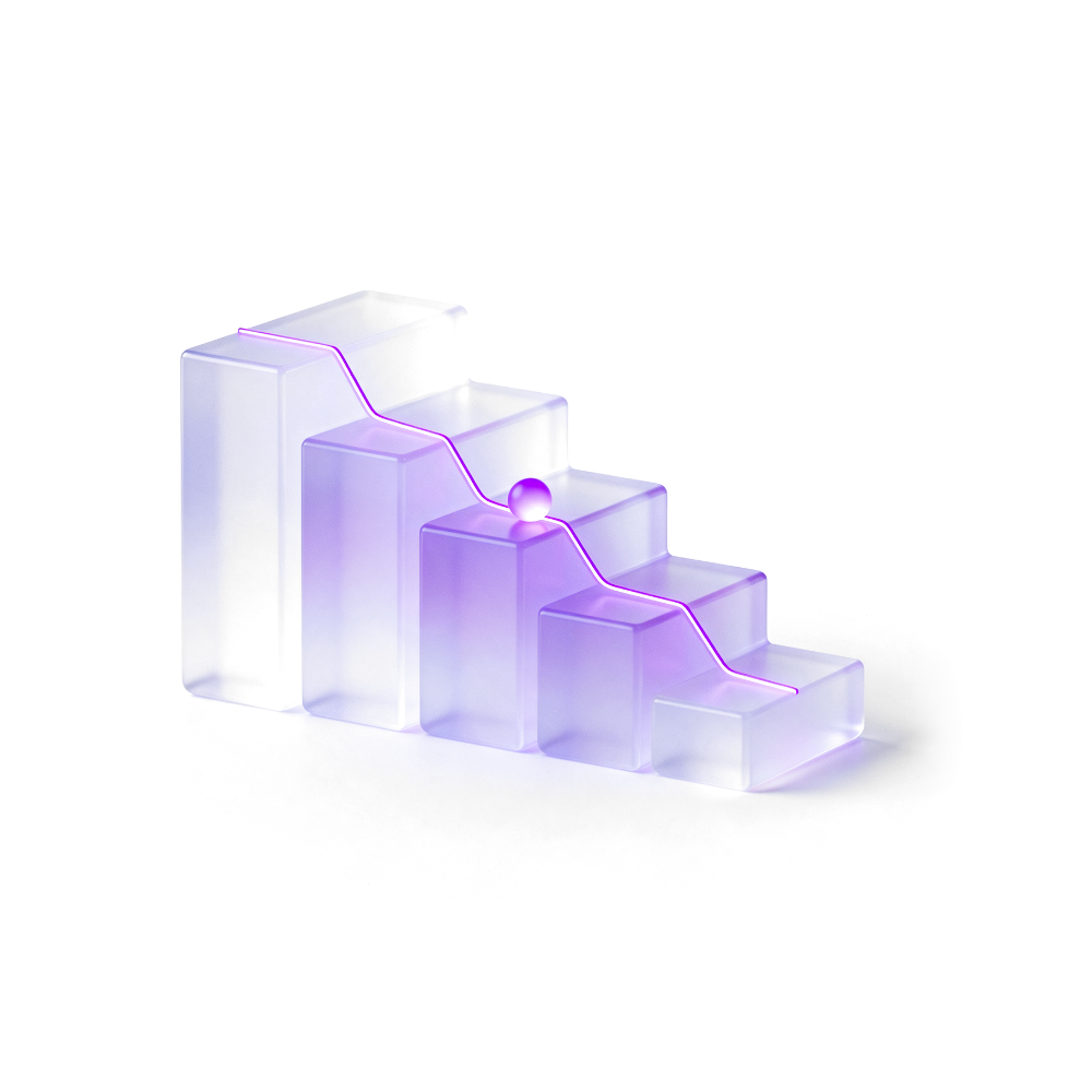 Degraus de vidro lavanda em queda, com uma linha luminosa de redução de custo e um ponto de decisão
