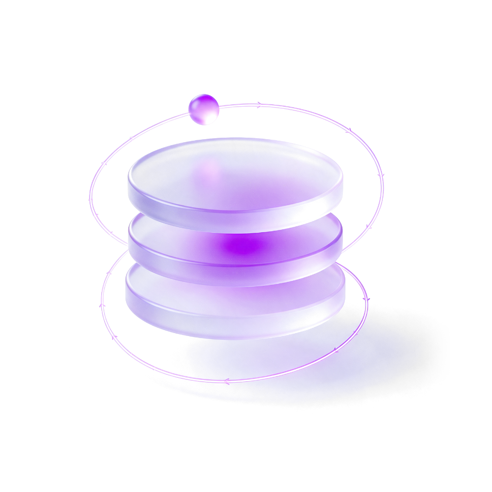 Camadas de dados em vidro lavanda com um anel luminoso de recuperação