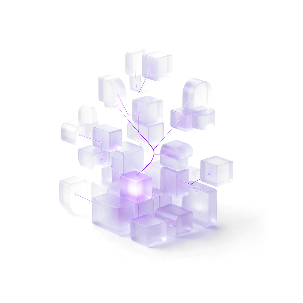 Blocos modulares de vidro lavanda se encaixando em ramificações luminosas